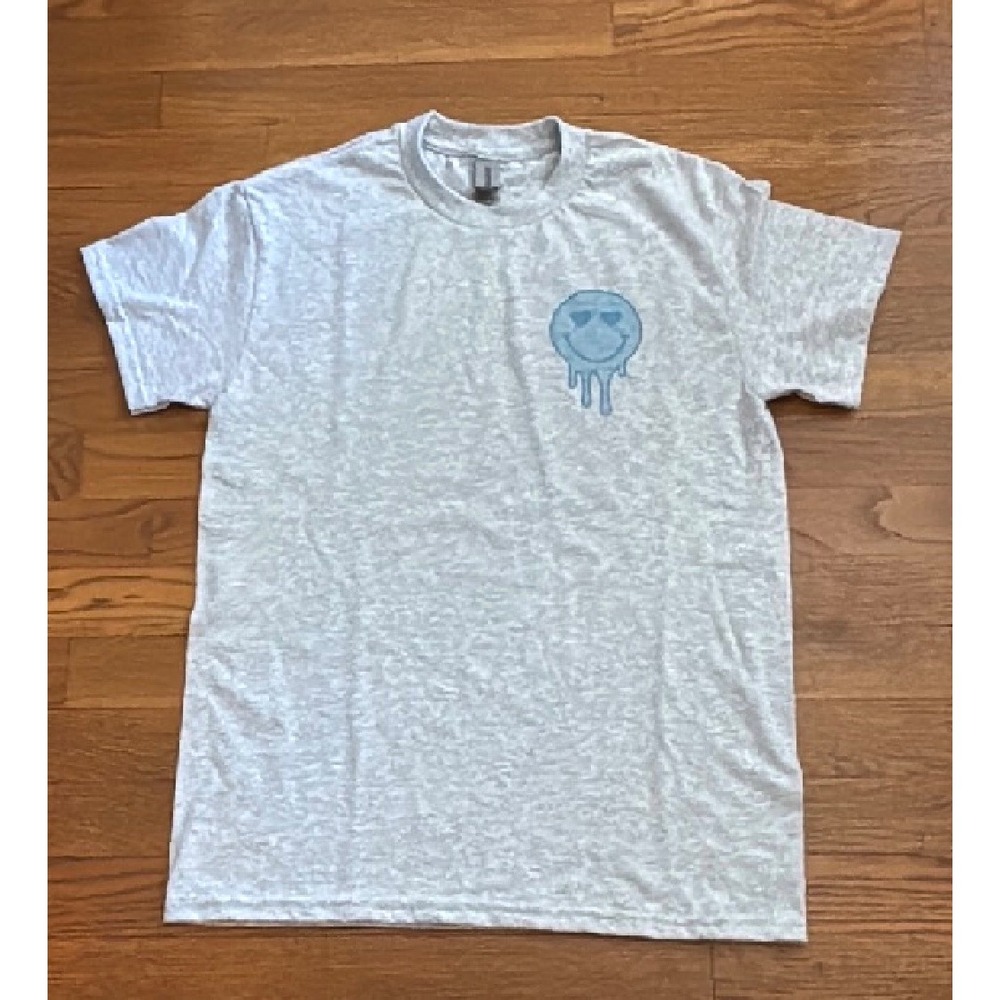 Gildan DryBlend Gray T-Shirt Blue Dripping Smiley Face Graphic Small S